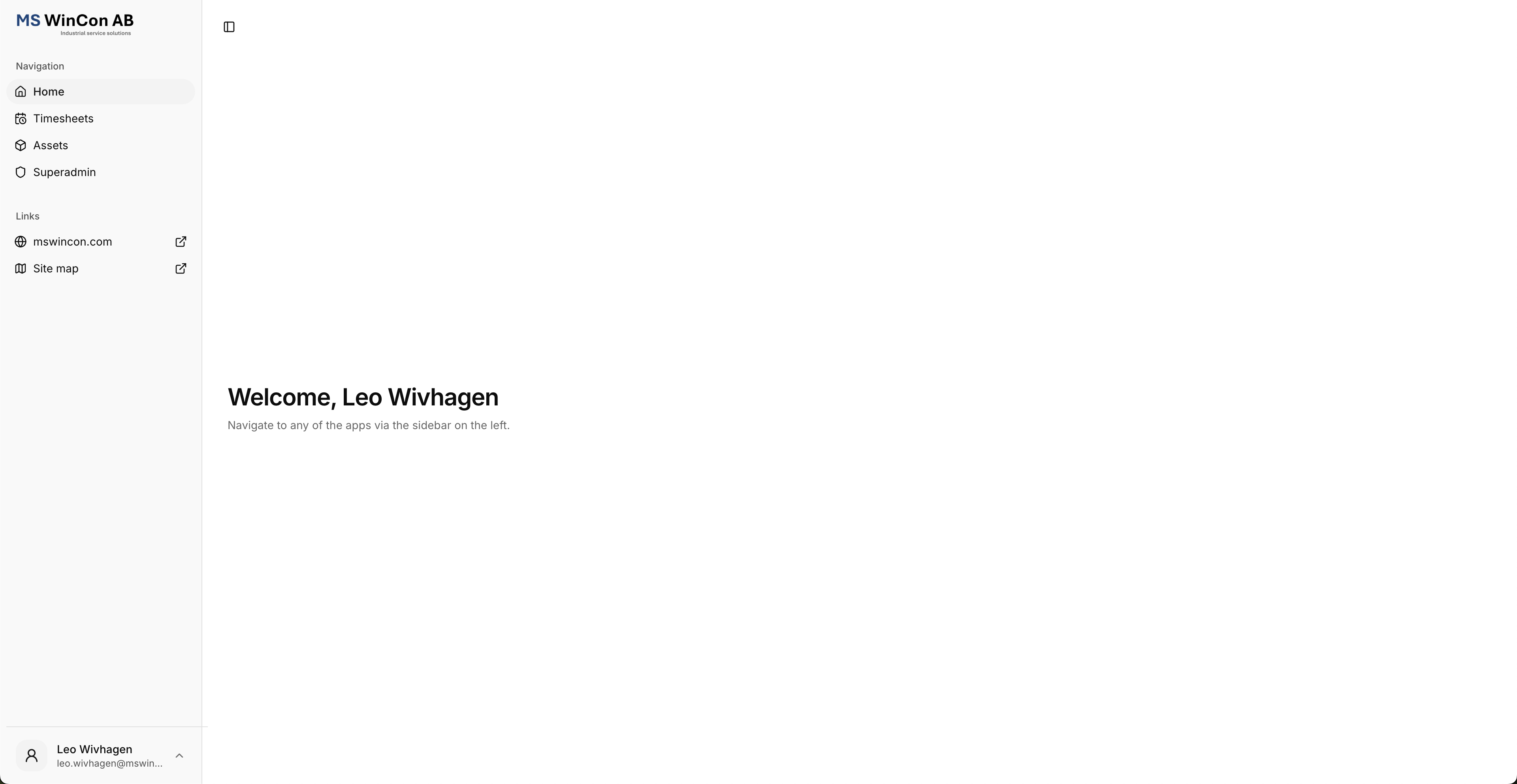 MS WinCon internal site dashboard with navigation for timesheets, assets and administration