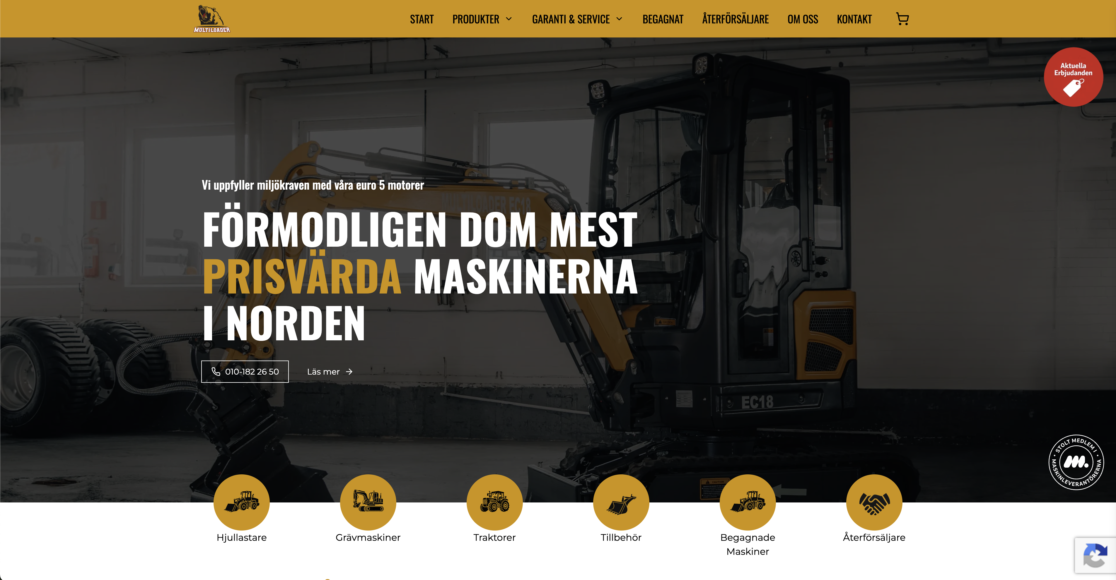 Multiloader Scandinavia website homepage showing an excavator and product navigation